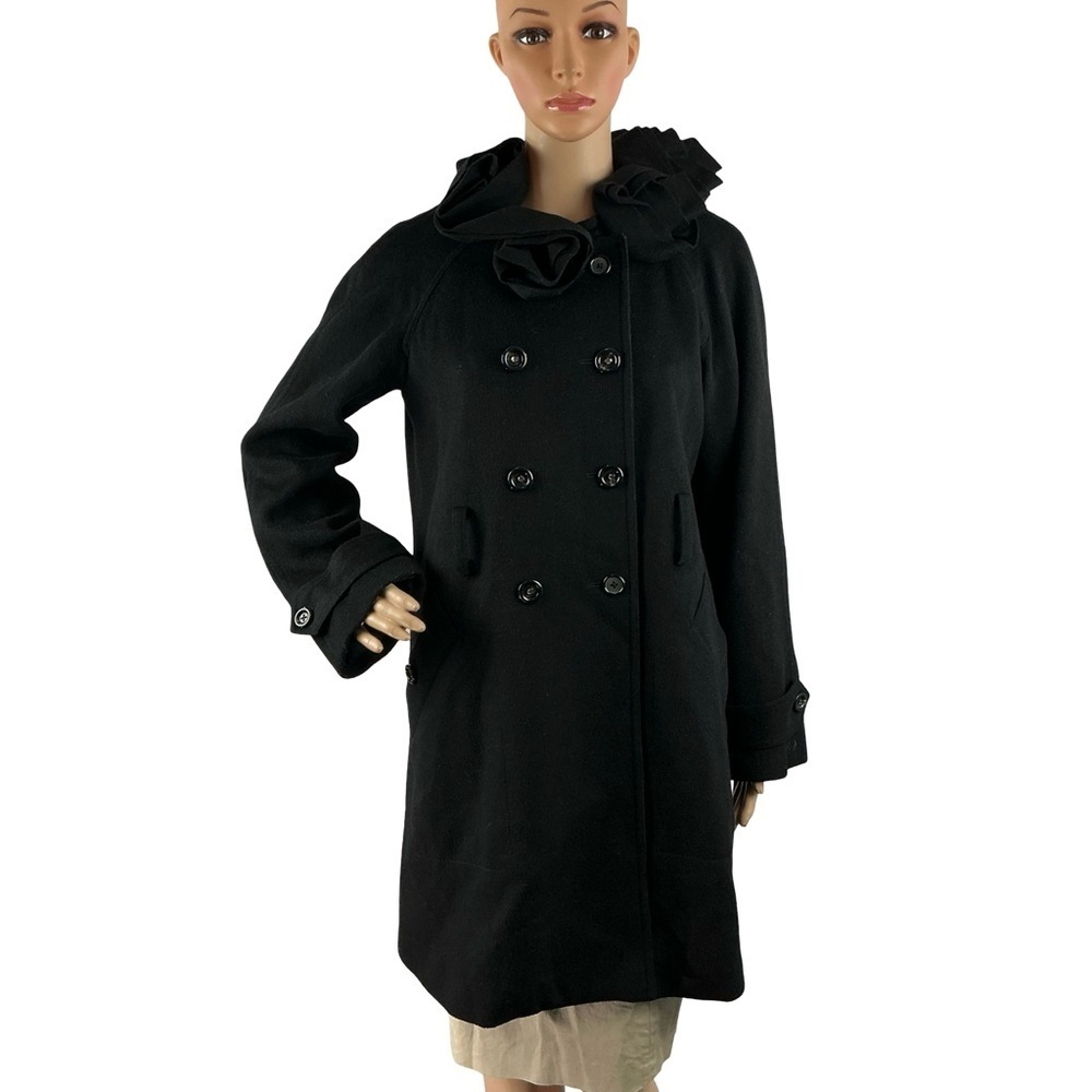 Rebecca Taylor Ruffle Collar Wool Coat Double Breasted Black Size 8